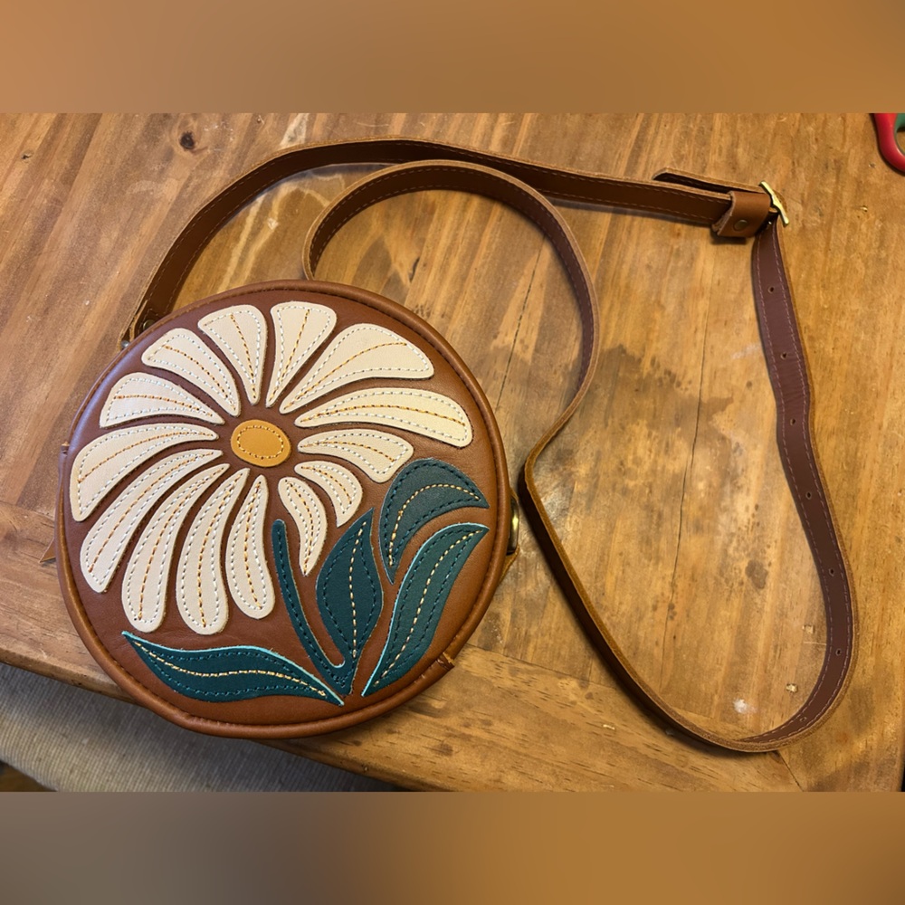 Brown Round Crossbody Bag with White Daisy Accent